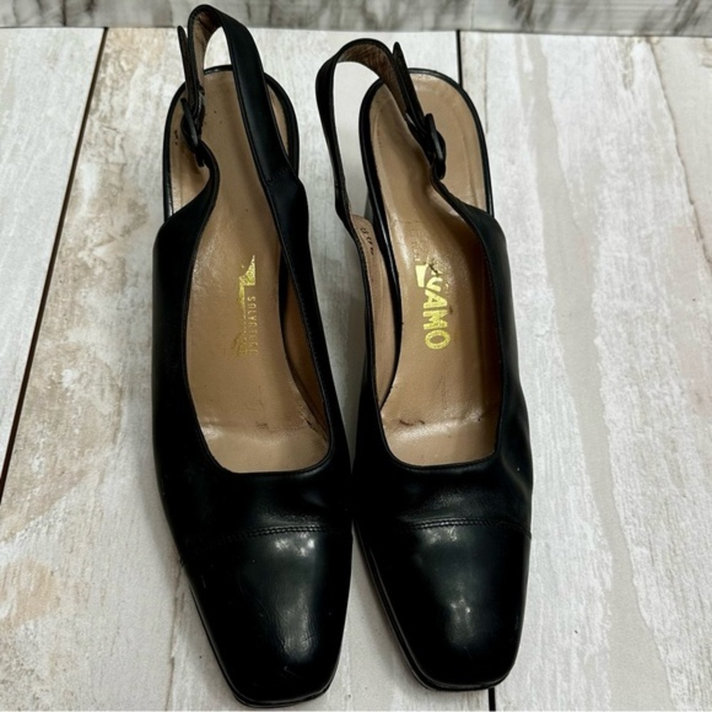 Salvatore Ferragamo Black Leather Slingback Block Heels Office Siren Classic Vtg